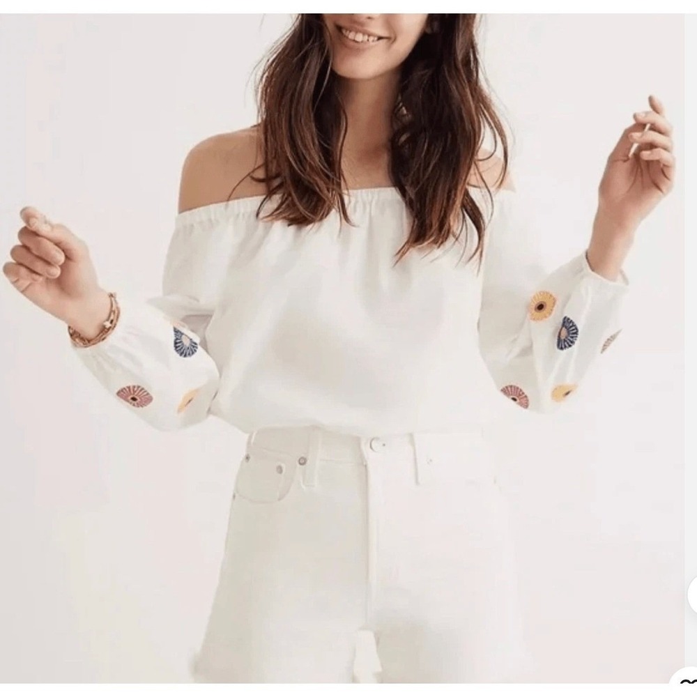 NWT Madewell Embroidered Off Shoulder Top XS White Boho Peasant Cottagecore
